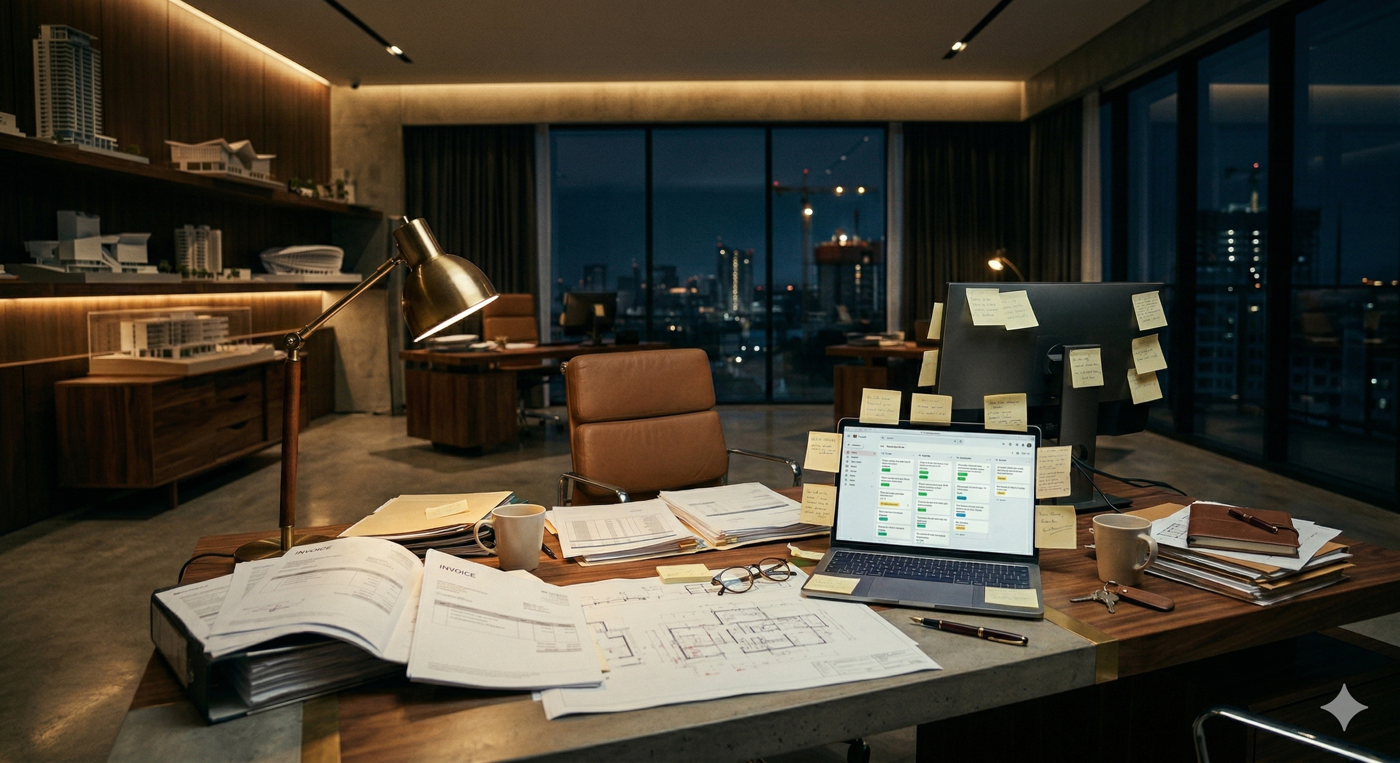 Luxury construction site with visible bottleneck at golden hour